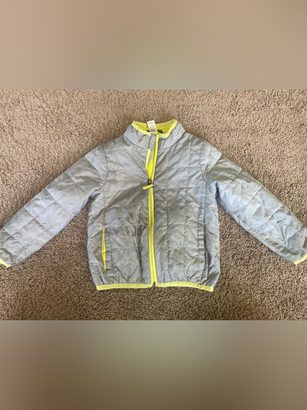 Kids Quilted Light Gray Jacket with Yellow Trim